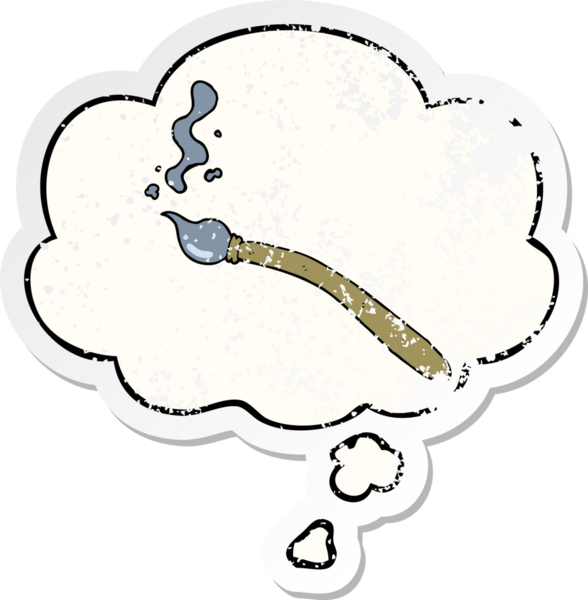 Düşünce baloncuklu karikatür fırçası bir insan tarafından çizilmiş yıpranmış bir çıkartma.