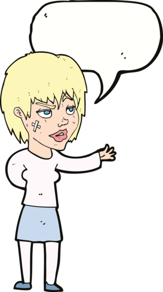 Bir insan tarafından çizilmiş konuşma baloncuğuyla yüzüne alçı yapıştıran karikatür kadın.