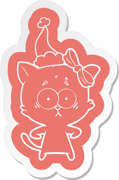 Bir insan tarafından çizilmiş Noel Baba şapkası takan bir kedinin garip karikatür çıkartması.