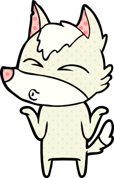 Bir insan tarafından çizilmiş omuzlarını silkeleyen kurt çizgi filmi.