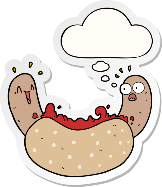 Düşünce baloncuklu çizgi film sosislisi insan tarafından çizilmiş bir çıkartma.