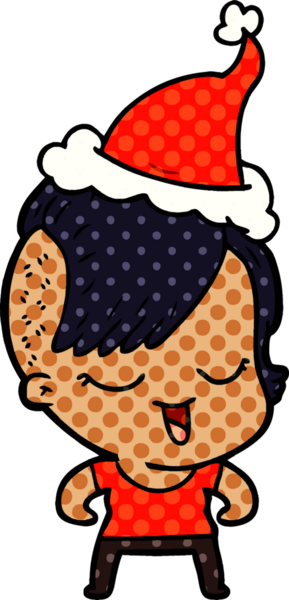 Bir insan tarafından çizilmiş Noel Baba şapkası giyen bir kızın çizilmiş mutlu el çizimi çizgi roman tasviri.