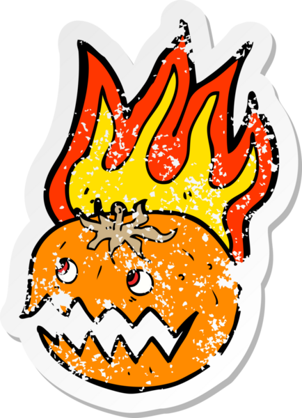 Bir insan tarafından çizilmiş yanan balkabağı çizgi filminin kederli retro yapıştırması.