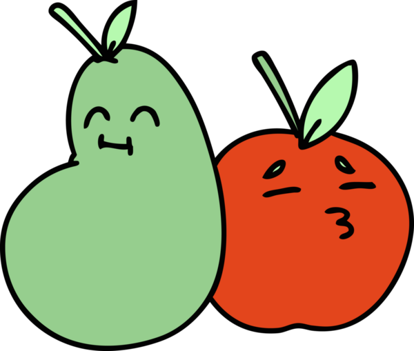 Bir insan tarafından çizilmiş mutlu elma ve armut karikatürü.