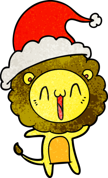 Mutlu el çizimi, bir insan tarafından çizilmiş Noel Baba şapkası takan bir aslan karikatürü.