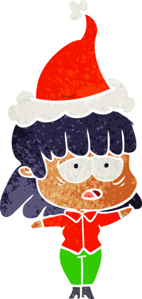 Bir insan tarafından çizilmiş Noel Baba şapkası giyen yorgun bir kadının el çizimi karikatürü.