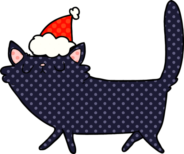 Bir insanın çizdiği Noel Baba şapkası takan siyah bir kedinin el çizimi çizgi roman çizimi.