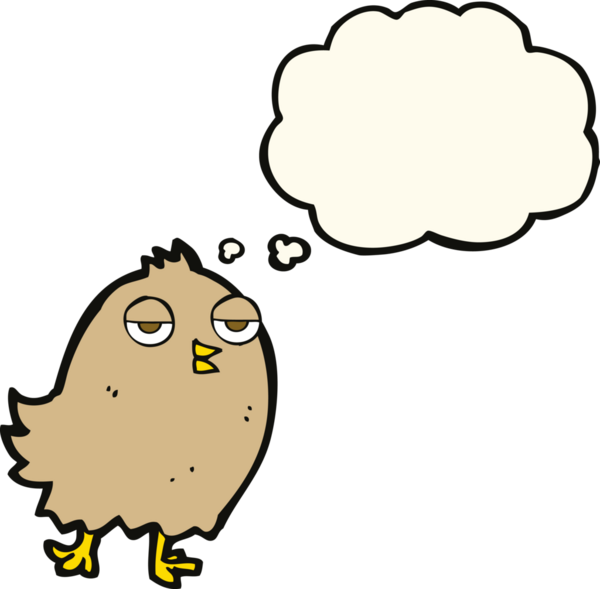 Bir insan tarafından çizilmiş düşünce baloncuklu komik çizgi film kuşu.