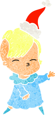 Bir insan tarafından çizilmiş Noel Baba şapkası giyen şaşı bir kızın el çizimi karikatürü.