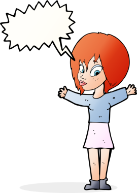 Bir insan tarafından çizilmiş konuşma balonlu açık kollu çizgi film kadını.