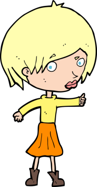 Bir insan tarafından çizilmiş kaşlarını kaldıran çizgi filmdeki kadın.