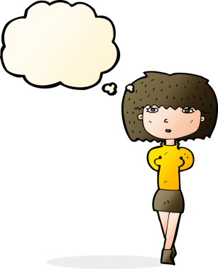 Düşünce baloncuğu bir insan tarafından çizilmiş utangaç bir kadın.