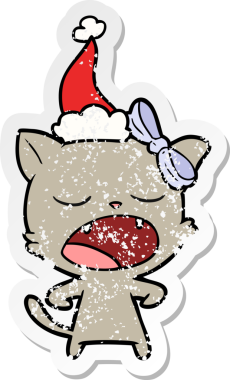 Bir insan tarafından çizilmiş Noel Baba şapkası giymiş esneyen bir kedinin el çizimi çıkartması.