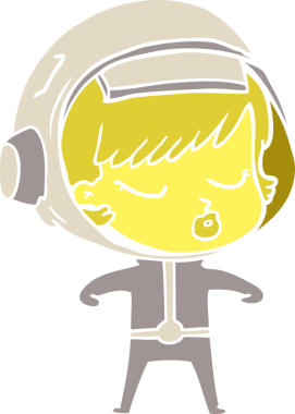 Düz renkli çizgi film. Bir insan tarafından çizilmiş güzel astronot kız.