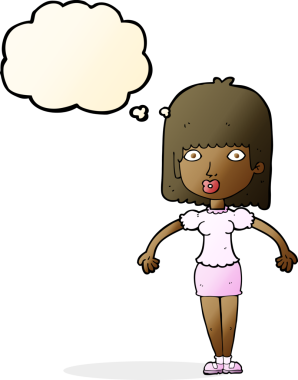 Bir insan tarafından çizilmiş düşünce baloncuğuyla omuz silken çizgi film kadını.