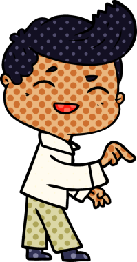 Bir insan tarafından çizilen, gülen ve işaret eden çizgi film adamı.