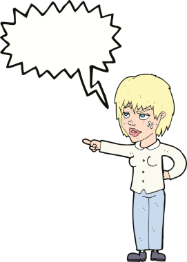 Bir insan tarafından çizilmiş bir konuşma balonuyla işaret eden çizgi film kadını.