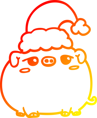 Bir insan tarafından çizilmiş Noel şapkası giyen bir domuzun sıcak çizgi çizimi.