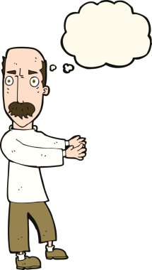 Bir insan tarafından çizilmiş düşünce baloncuğuyla açıklama yapan keltoş bir adam.