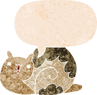 Tatlı çizgi film salyangozu ile konuşma balonu grunge sıkıntılı retro dokuma tarzı bir insan tarafından çizilmiş