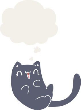 Düşünce baloncuğu olan çizgi film kedisi insan tarafından çizilmiş.