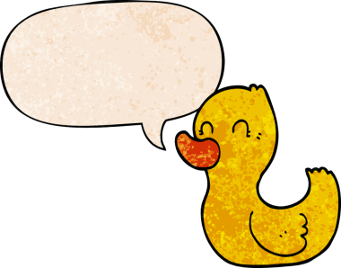 Bir insan tarafından çizilmiş eski moda konuşma baloncuklu çizgi film ördeği.