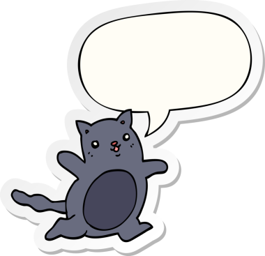 Bir insan tarafından çizilmiş baloncuk çıkartmalı çizgi film kedisi.