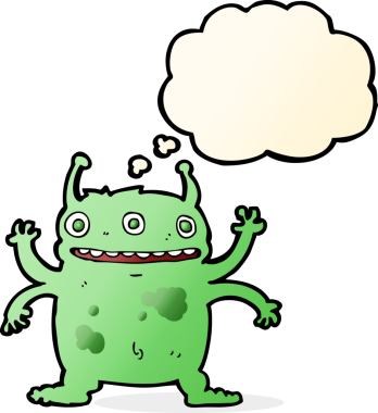 Bir insan tarafından çizilmiş düşünce baloncuğu olan uzaylı yaratık çizgi filmi.