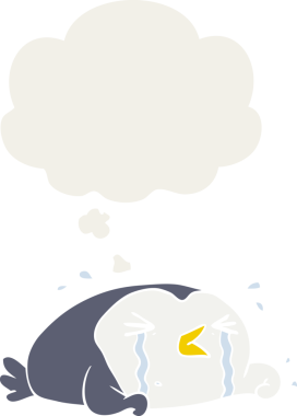 Karikatür ağlayan penguen. Düşünce baloncuğu insan tarafından çizilmiş.