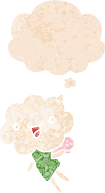 Düşünce baloncuklu karikatür başlıklı yaratık grunge sıkıntılı retro desenli bir insan tarafından çizilmiş