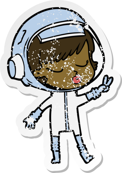 Bir karikatür çıkartması. Bir insan tarafından çizilmiş güzel astronot kız.