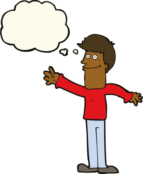 Bir insan tarafından çizilmiş düşünce baloncuğuyla el sallayan mutlu bir adam.