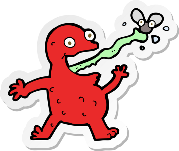 Bir insan tarafından çizilmiş sineği yakalayan bir kurbağa çıkartması.