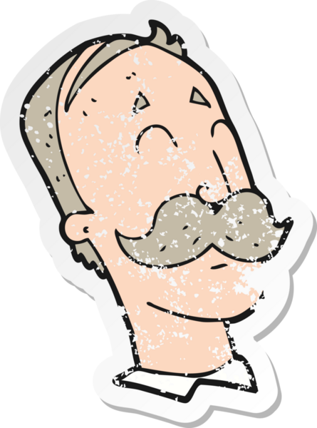 Bir insan tarafından çizilmiş bıyıklı yaşlı bir adamın retro sıkıntılı çıkartması.