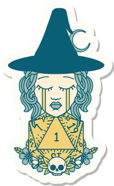 Ağlayan bir insan cadının çıkartması. Bir insan tarafından çizilmiş doğal bir D20 zarlı.