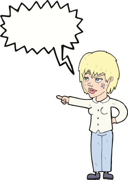 Bir insan tarafından çizilmiş bir konuşma balonuyla işaret eden çizgi film kadını.