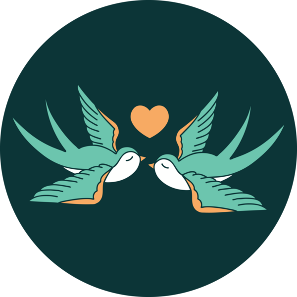 Kırlangıçların ikonik dövme şekli ve bir insan tarafından çizilmiş bir kalp.