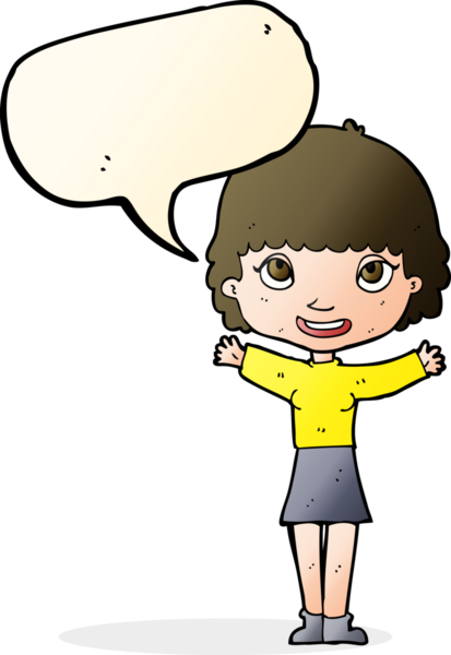 Bir insan tarafından çizilmiş bir konuşma balonuyla el sallayan çizgi film kadını.