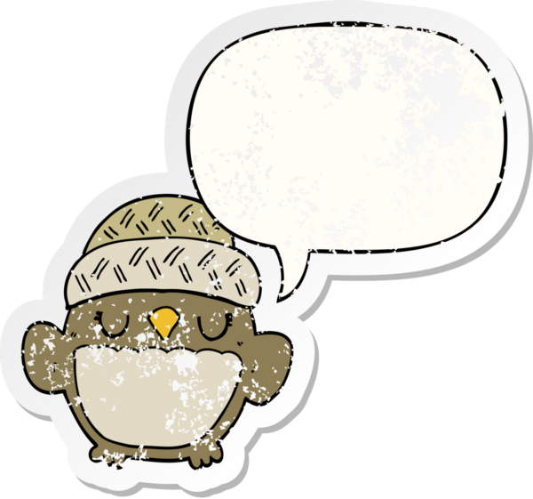 Konuşma baloncuğu olan şapkalı sevimli bir baykuş. Bir insan tarafından çizilmiş sıkıntılı eski bir çıkartma.