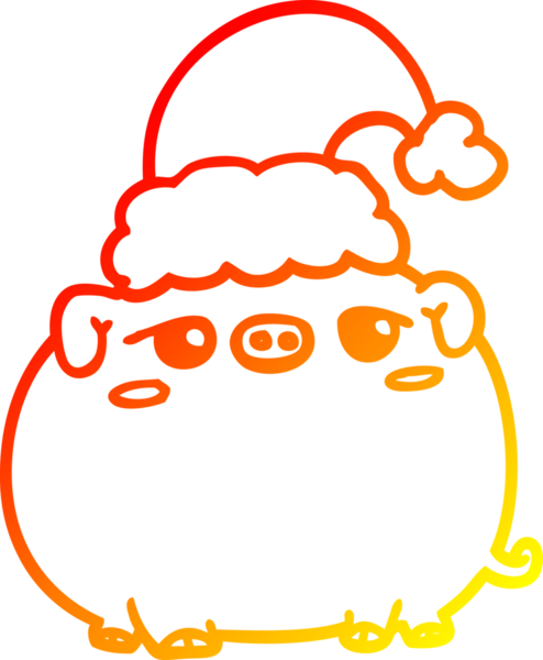 Bir insan tarafından çizilmiş Noel şapkası giyen bir domuzun sıcak çizgi çizimi.