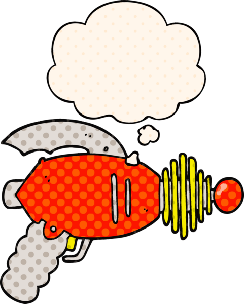 Çizgi roman tarzında bir insan tarafından çizilmiş düşünce baloncuklu bir ışın tabancası.