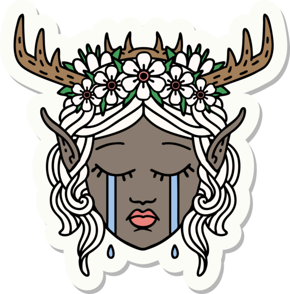 Bir insan tarafından çizilmiş ağlayan bir Elf Druid karakterinin çıkartması.