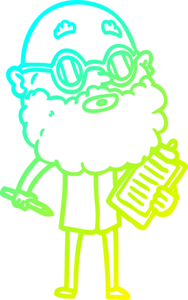 Bir insan tarafından çizilmiş sakallı ve güneş gözlüklü tuhaf bir çizgi film karakteri.