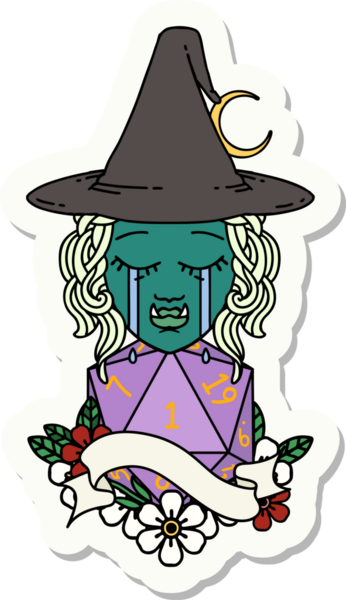 Ağlayan bir Ork cadısının çıkartması. Bir insan tarafından çizilmiş doğal bir D20 rulosu.