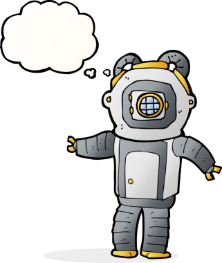 Bir insan tarafından çizilmiş düşünce balonlu derin deniz dalgıcı.