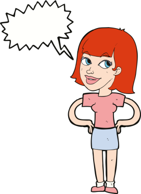 Bir insan tarafından çizilmiş konuşma balonlu ellerle mutlu bir kadın.