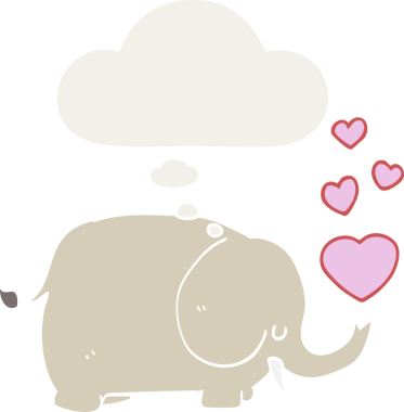 Sevgi dolu karikatür fili. Düşünce baloncuğu insan tarafından çizilmiş.