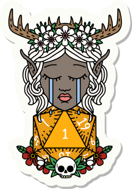 Ağlayan bir Elf Druid karakterinin çıkartması. İnsan tarafından çizilmiş doğal bir D20 ruloyla.