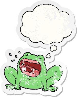 Karikatür kurbağası, insan tarafından çizilmiş yıpranmış bir çıkartma gibi düşünce balonuyla bağırıyor.