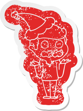 Garip bir karikatür. Stresli bir adamın çıkartması. Bir insan tarafından çizilmiş Noel Baba şapkası.